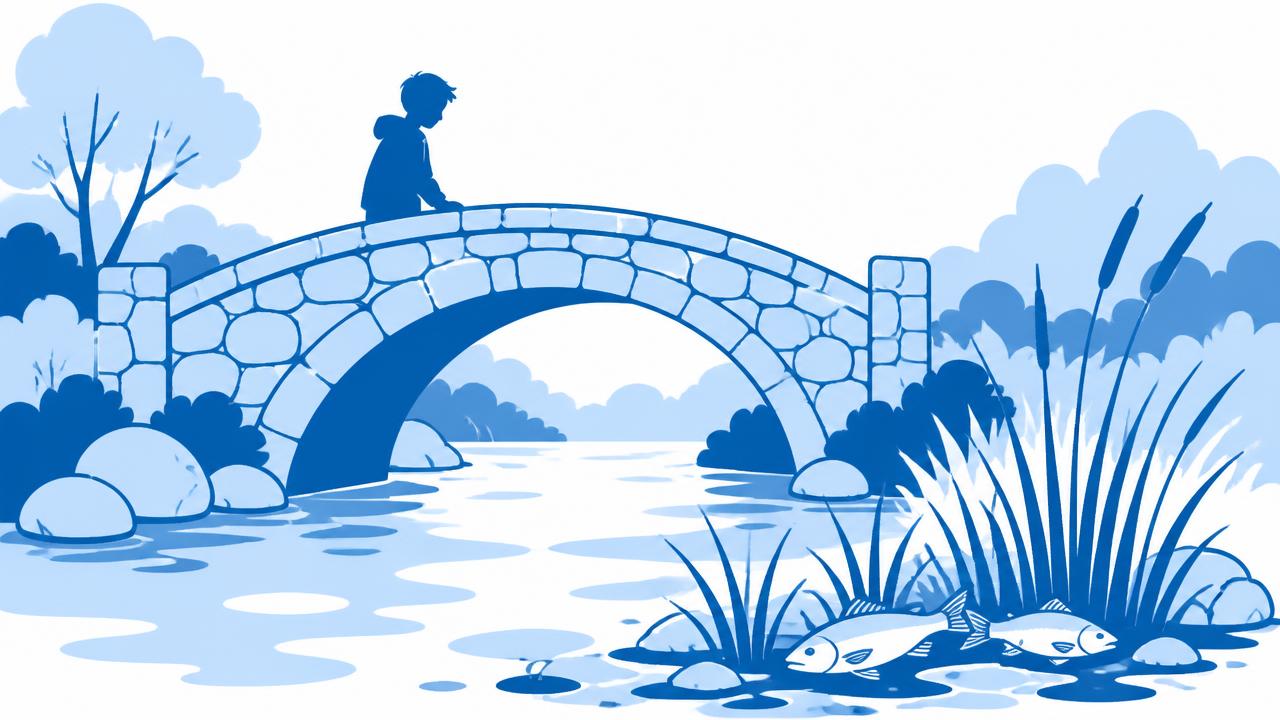 Illustration: a bridge over a discoloured river with dead fish in the reeds